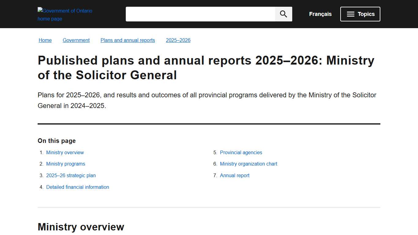 Published plans and annual reports 2025–2026: Ministry of the Solicitor General ontario.ca